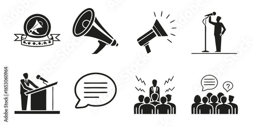 Public speaking and communication icons isolated on white background