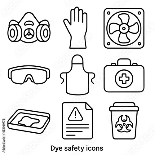 Dye Safety Tool Icons. Outline style icon of Dye Safety Essentials: respirator mask, nitrile glove, ventilation fan, eye goggle,