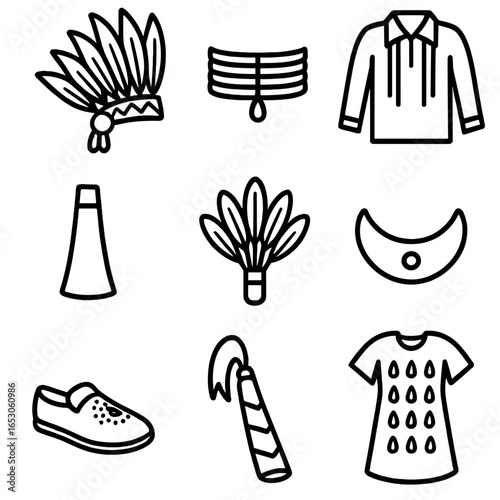 Ceremonial Regalia Icons. Outline style icon of Ceremonial Regalia: feather headdress, dentalium shell choker, ribbon shirt,