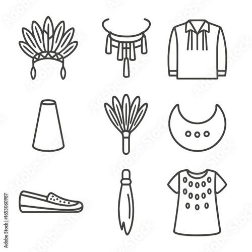 Ceremonial Regalia Icons. Outline style icon of Ceremonial Regalia: feather headdress, dentalium shell choker, ribbon shirt,