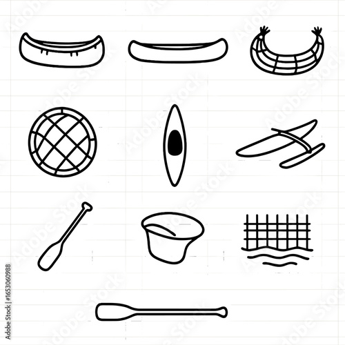 Canoe Outline Varieties. Outline style icon of Canoe & Watercraft Varieties: birchbark canoe, dugout canoe, tule reed boat,
