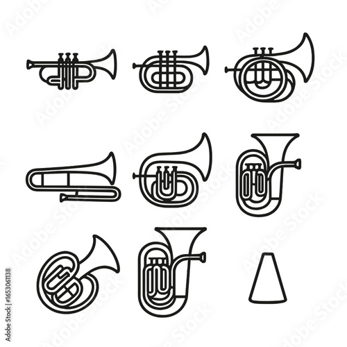 Brass Instruments Ensemble. Outline style icon of Brass Section: trumpet, cornet, flugelhorn, trombone, bass trombone, French horn