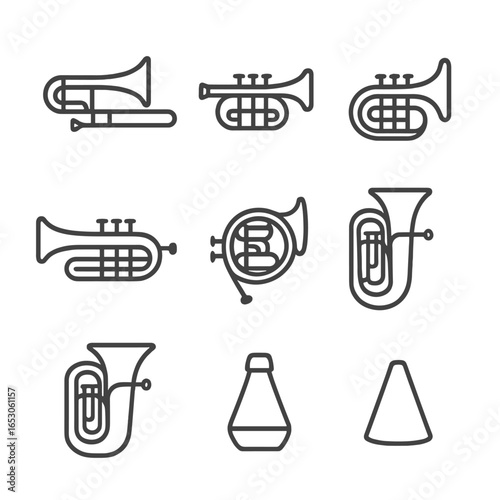Brass Instruments Ensemble. Outline style icon of Brass Section: trumpet, cornet, flugelhorn, trombone, bass trombone, French horn