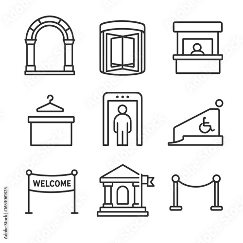 Museum Entryway Icons. Outline style icon of Museum Entryway Features: grand arch portal, revolving door, ticket kiosk, coat check