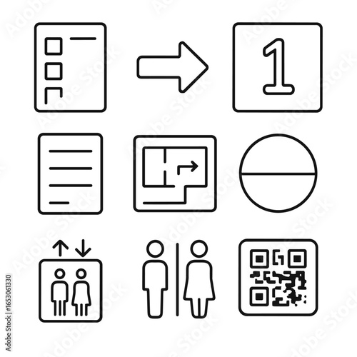 Museum Signage Icons. Outline style icon of Museum Signage & Wayfinding: floor directory, directional arrow, gallery number plaque