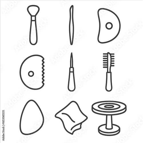 Clay Sculpting Tools. Outline style icon of Clay Sculpting Tools: loop tool, modeling stick, ribbon cutter, serrated kidney,