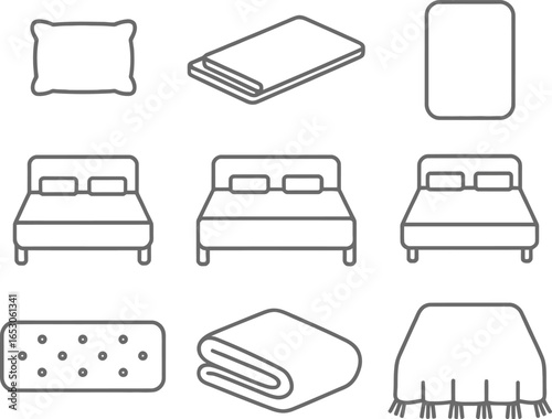 Bed Linen Icons Mattress, Blanket, Duvet, Pillow, Bed isolated on White
