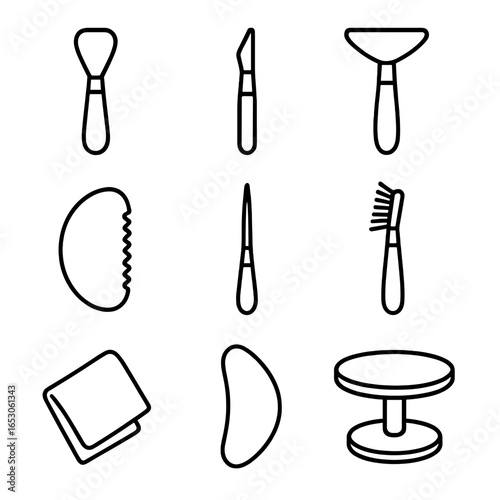 Clay Sculpting Tools. Outline style icon of Clay Sculpting Tools: loop tool, modeling stick, ribbon cutter, serrated kidney,