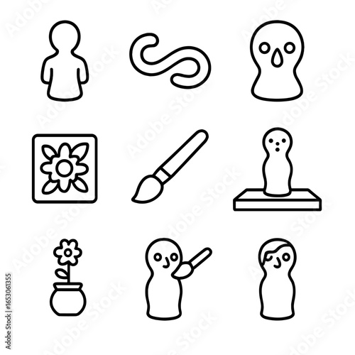 Clay Figurine Icon. Outline style icon of Clay Figurine Details: tiny torso, arm coil, pinch nose, bead eyes, texture stamp, slip