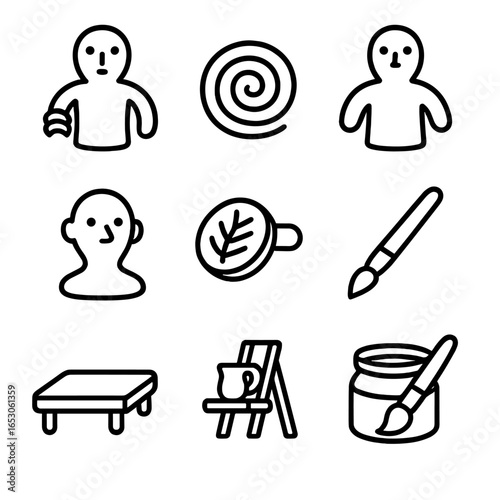 Clay Figurine Icon. Outline style icon of Clay Figurine Details: tiny torso, arm coil, pinch nose, bead eyes, texture stamp, slip