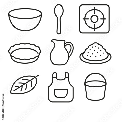 Kids' Mud Kitchen Elements. Outline style icon of Kids’ Mud Kitchen: mixing bowl, wooden spoon, pretend stove, pie tin, water jug,