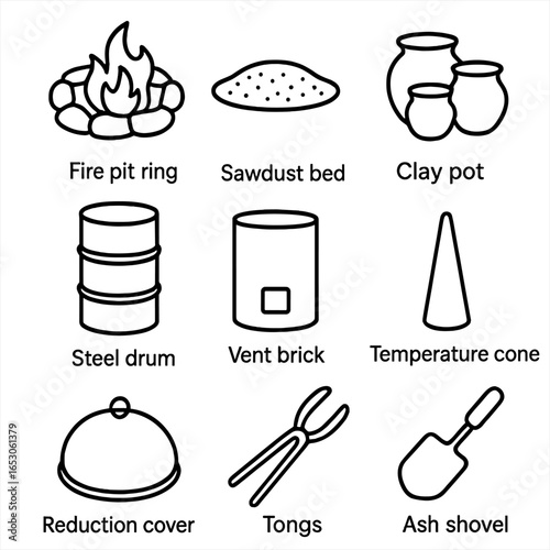 Primitive Pit Firing Icon. Outline style icon of Primitive Pit Firing: fire pit ring, sawdust bed, clay pot load, steel drum, vent