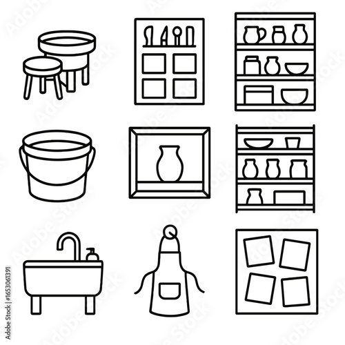 Ceramics Classroom Icon. Outline style icon of Ceramics Classroom Setup: student wheel, tool cubby, glaze shelf, slip bucket, demo