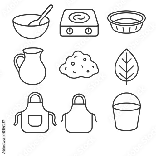 Kids' Mud Kitchen Elements. Outline style icon of Kids’ Mud Kitchen: mixing bowl, wooden spoon, pretend stove, pie tin, water jug,