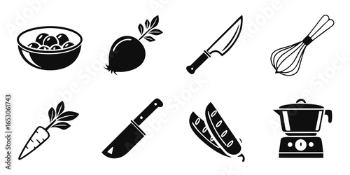 Fresh food and kitchen utensil icons