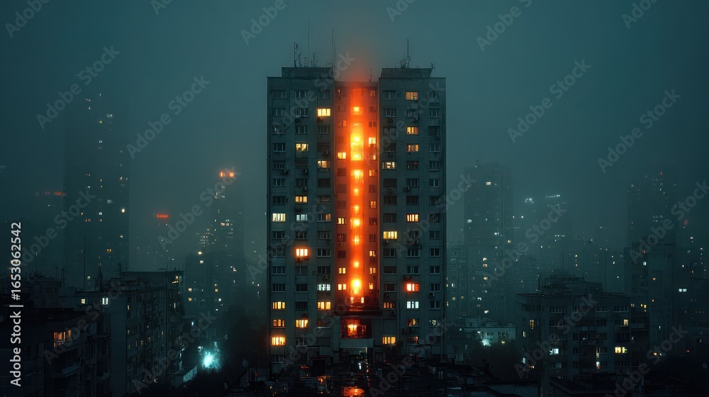 Fototapeta premium Foggy city night, tall building with glowing apartments