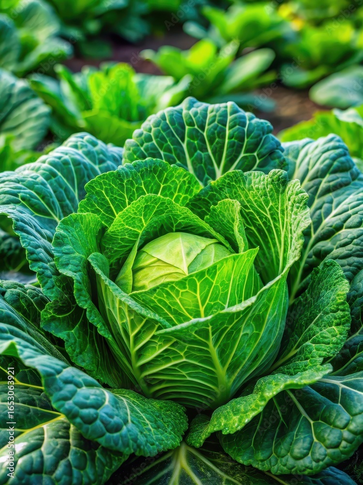 Fototapeta premium Green cabbage growing in a vegetable garden close up with lush green leaves and tender stems