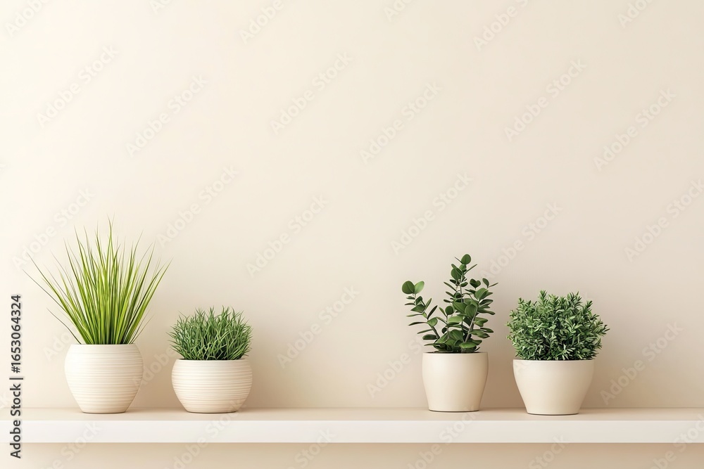 Fototapeta premium Three plants in cream pots on a light shelf against a cream wall