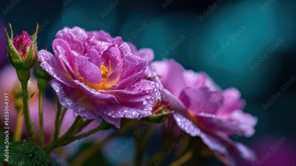 Naklejka premium Close-up of vibrant pink roses with dew drops, set against a blurred blue background, showcasing nature's beauty