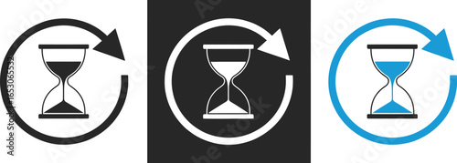 Hourglass Icon Set with Circular Arrow in Black, White and Blue Colors