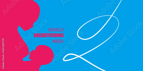 World breastfeeding week illustration with mother and baby in heart shape on a dark blue background
