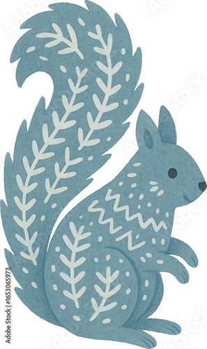 Vector Charming watercolor squirrel in Scandinavian folk style with decorative Nordic patterns on fur and tail. For Christmas cards, holiday decor, rustic winter design, woodland illustrations.