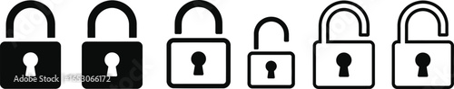 Lock Unlock Concept Icons Set Square Padlocks in Black Isolated on White