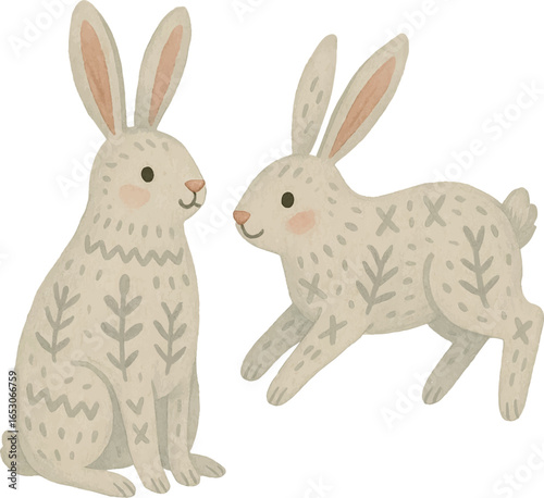 Vector charming watercolor rabbits in Scandinavian folk style with Nordic decorative patterns. For Christmas cards, winter woodland illustrations, rustic holiday design, and festive New Year projects