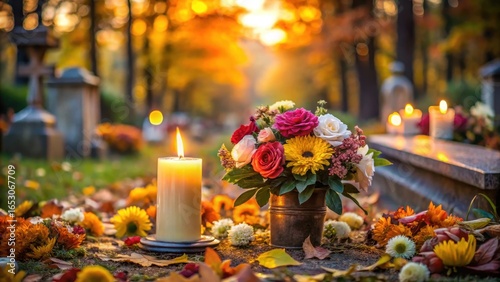 A single candle placed on a grave surrounded by a variety of flowers including roses
