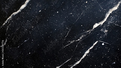 Black Marble Surface with White Veins Forming Orion Constellation, Cosmic Dust Particles on Deep Space Background