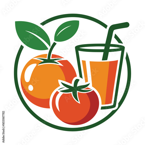 Tomato juice in glass with fresh fruits and orange illustration