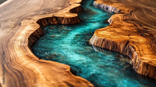 Walnut Wood Grain with Turquoise Resin River and Geometric Fracture Lines, Matte Finish Surface and 60% Negative Space

