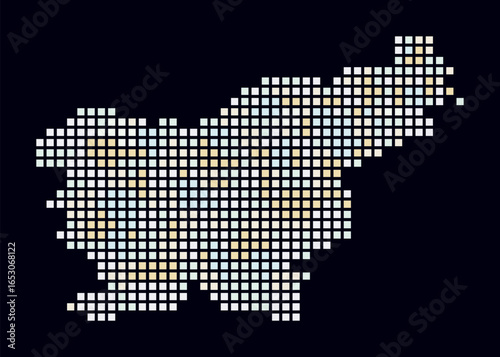 Slovenia dotted map. Digital style map of the country on dark background. Slovenia shape with square dots. Colored dots style. Large size squares. Artistic vector illustration.