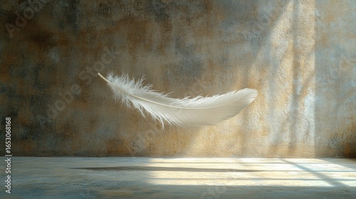 White Feather Suspended Against Concrete Wall with Motion Effect, Shadow Cast on Right Third and Raw Texture Background