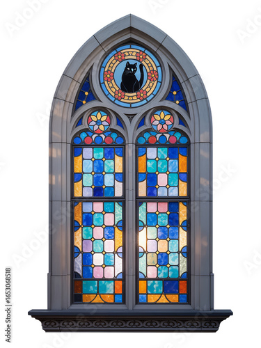 Gothic Stained Glass Window with Cat Silhouette Design