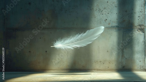 White Feather Suspended Against Concrete Wall with Motion Effect, Shadow Cast on Right Third and Raw Texture Background