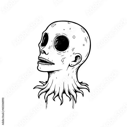 Monochrome alien character head, dark illustration showing the face and head, concept of fictional creature