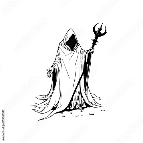 Mysterious hooded figure with staff, evoking fantasy, shadows, magic, and gothic themes illustration