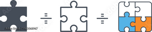 Puzzle Piece Solid to Outline to Completed Square on a White Background