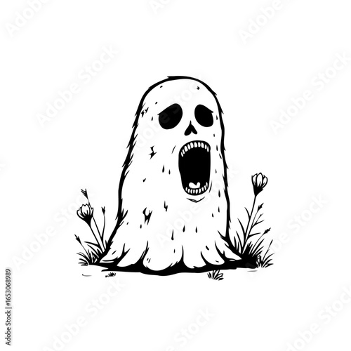 Illustrative spooky ghost with gaping mouth and sad eyes surrounded by simple flowers illustration perfect for halloween