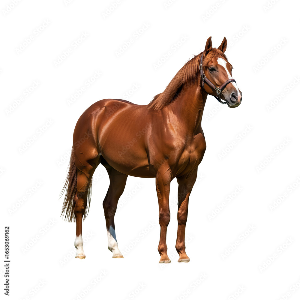 Naklejka premium Beautiful chestnut horse equine animal mammal portrait standing outdoors equestrian thoroughbred racehorse image on transparent background