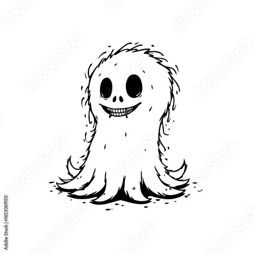Spooky halloween cartoon ghost illustration with creepy smile and in black and white colors style