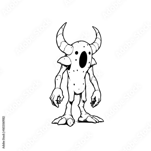 Illustration of horned cartoon monster character in black and white for coloring book or print