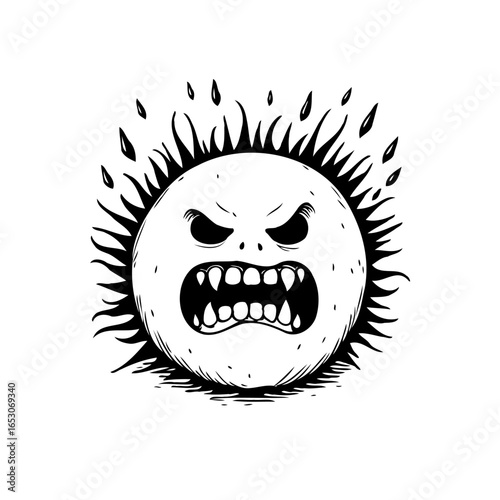 Angry sun cartoon radiating heat with aggressive expression showing teeth in black and white