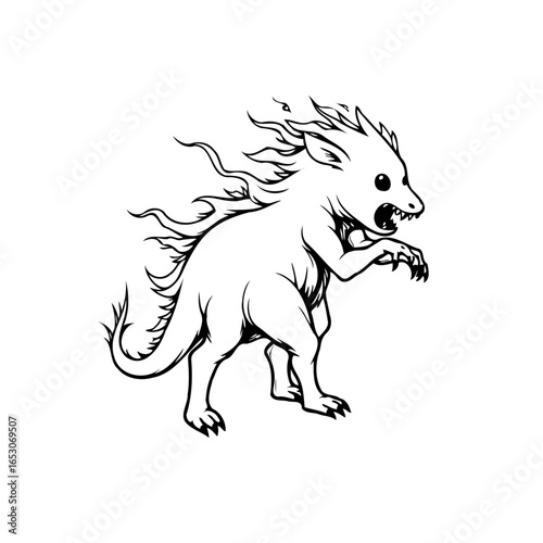 Cartoonish creature illustration featuring sharp claws, intense expression and wavy fiery mane with fantasy themes and black and white ink
