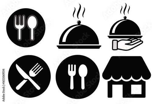 Modern restaurant icon set, steaming cloche, hand holding dish, flat white line art