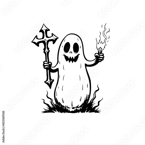 Cartoon ghost illustration holding cross and flame for halloween creating spooky atmosphere and scary theme