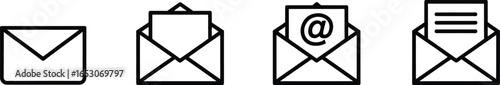 Set of Four Black Outline Mail Envelope Icons on Transparent Background