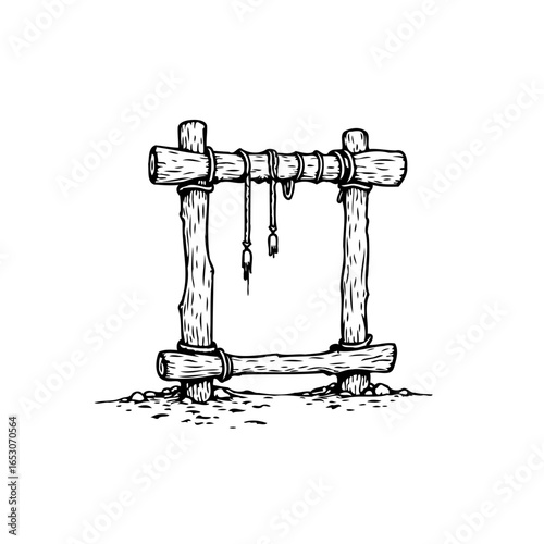 Rustic wooden frame illustration capturing the essence of primitive construction with hanging elements and rough textures