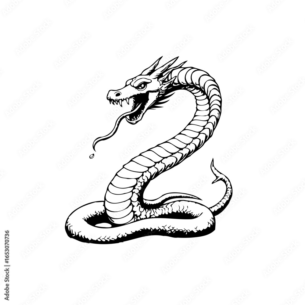 Fototapeta premium Detailed black and white illustration of a mythical dragon snake coiled with an open mouth